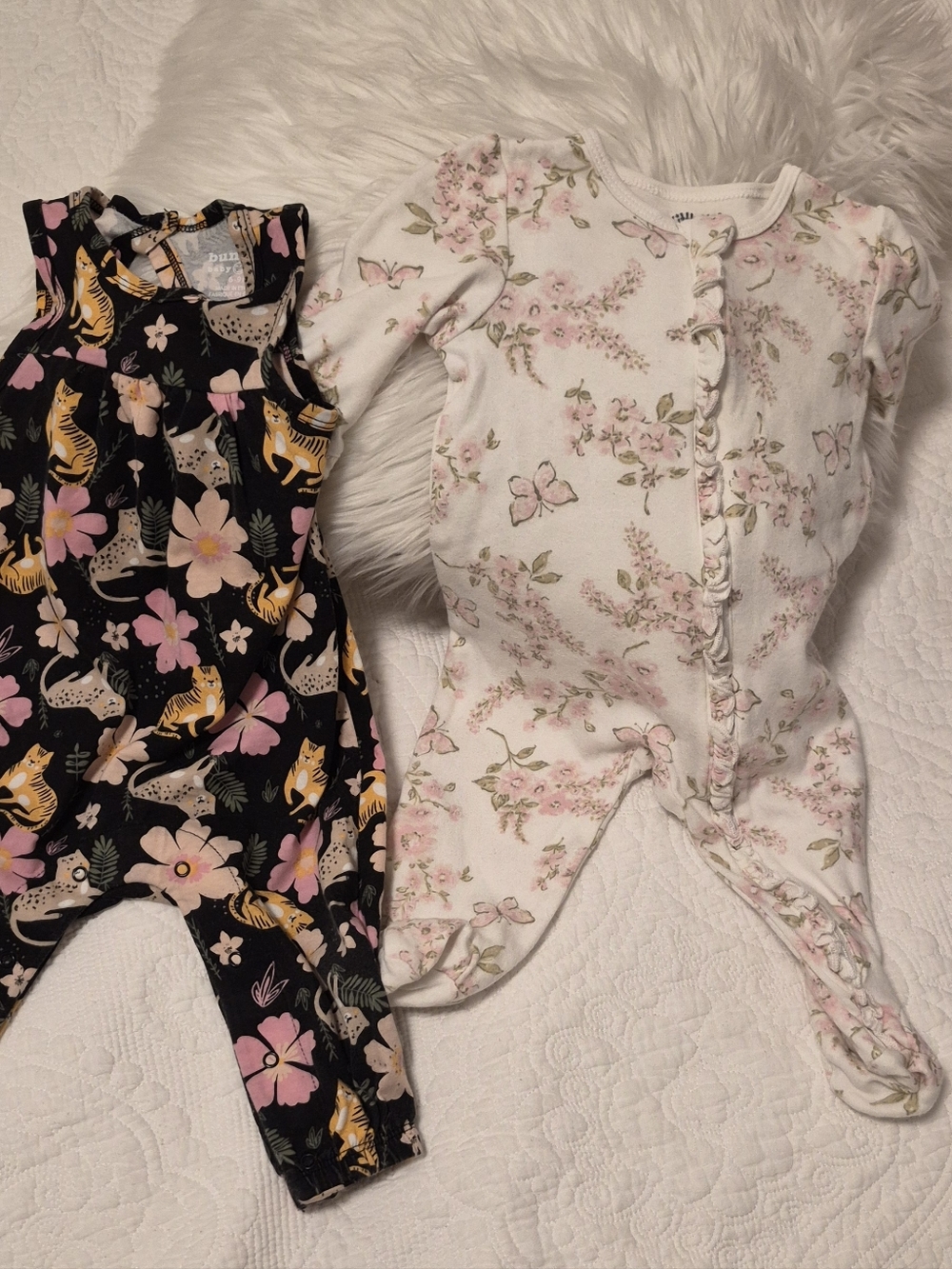 Two Baby Rompers - Black Floral Tiger & Cream Pink Floral